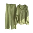 thumbnail image 2 of VEKDONE Summer Cotton Linen Sets 2 Piece Long Sleeve Button Lapel Shirts with Wide Leg Pants Solid Color Loose Fit Blouse Match Drawstring Palazzo Pants Suits, 2 of 5