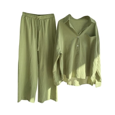 Yuyuzo Cotton Linen Sets for Women 2 Piece Long Sleeve Button down Oversized Shirts Wide Leg Pants Lounge Sets