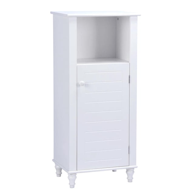 A&E Bath and Shower AXIL IV Bathroom Cabinet, 36-inch white bathroom storage cabinet with an open cubby shelf above a hinged door, solid wood carved legs, and durable MDF construction, suitable for organizing bathroom essentials.
