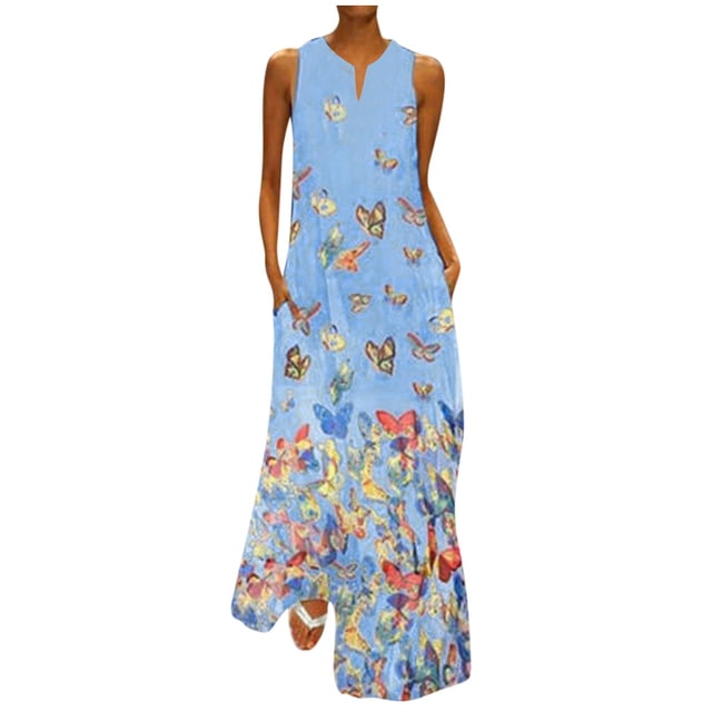 Pompotops Robe Maxi Sans Manches Vintage Bohème à Col en V pour Femmes Grande Taille à Imprimé pour Tous les Jours