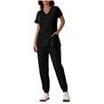 thumbnail image 1 of Yanlir Ensemble Deux Pièces pour Femmes, Blouse à Manches Courtes Boutonnée, Couleur Unie, Col en V et Pantalon à Bas Resserré, Mode (Noir, TG), 1 of 6