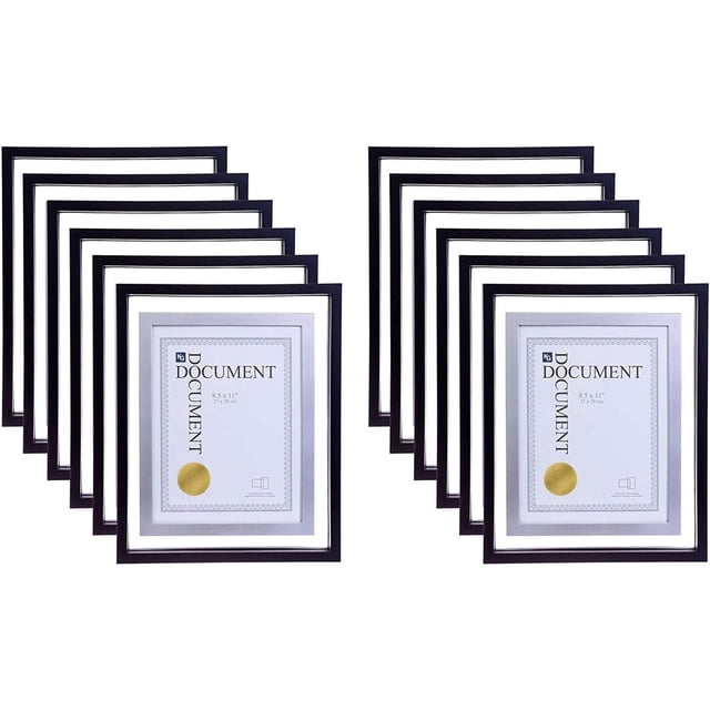 Kiera Grace City Floating Document Frame 12 pack with black resin frames and silver accents, each holding an 8.5 by 11 inch document floating between two clear glass panes, arranged in two stacks on a white background, ideal for home or office display.