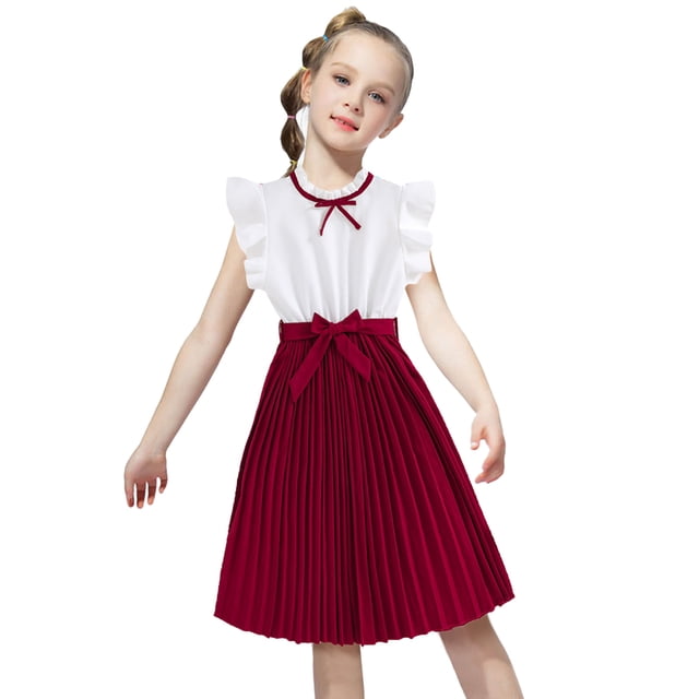 aDJFDGT Robes Blanches pour la Remise des Diplômes Robe Unie Sans Manches à Manches Longues pour Tout-Petites Filles. Cette Robe Présente un Haut Blanc avec des Manches à Volants et une Jupe Plissée Rouge avec un Nœud à la Taille, Idéale pour la Remise des Diplômes, les Fêtes Dansantes Ou les Événements Formels. Offerte en Tailles Tout-Petits et Grands Enfants.