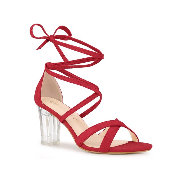 BLISSFUL STEP Sandales à Talon Bloc Transparent en Velours à Lacets pour Femme Rouge (Taille 8,5)