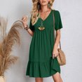 thumbnail image 4 of LOVZFMLL Robe d'Été pour Femme Décontractée Évasée à Manches Courtes Col en V à Étages Ligne A Fluide Robe de Plage à Volants Longueur Genou Robe Soleil Vert Armée m, 4 of 9
