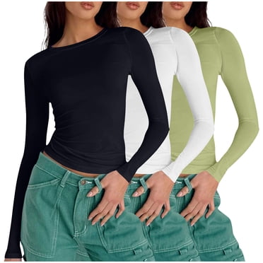 AherBiu 3pc Women Long Sleeve Shirts Basic Slim Fittd Trendy Cropped Tops Fall Underscrubs Layer Going out Top