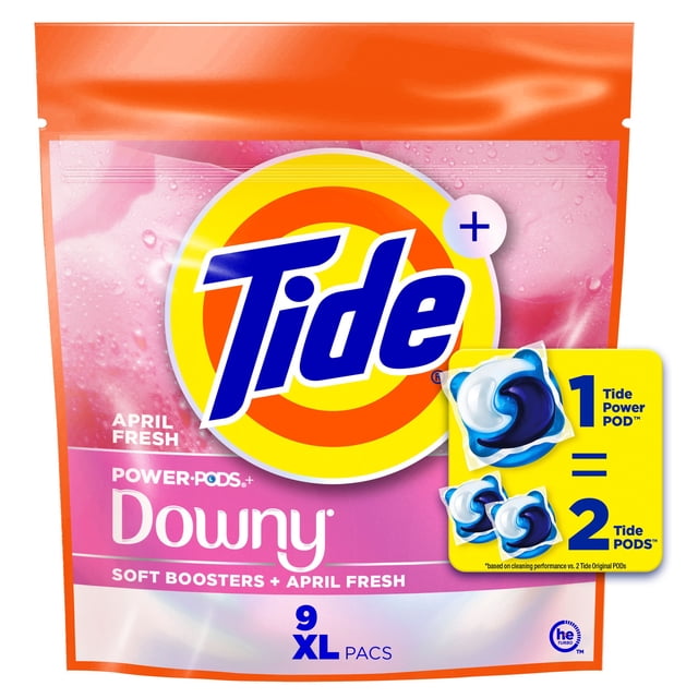 Tide Power PODs + Downy Laundry Detergent Pods with Soft Boosters and April Fresh scent, 9 XL pods in an orange and pink resealable pouch featuring the Tide logo and a graphic showing 1 XL pod equals 2 regular pods, HE compatible for cold water laundry cleaning.