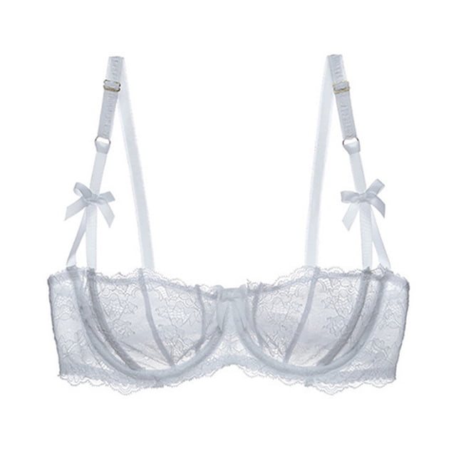 Varsbaby Sexy Unlined Balconette Demi-Cup Underwire Lace Bra with sheer floral lace, adjustable straps with bow accents, and supportive underwire. Perfect for women's intimates, lingerie, or special occasions like weddings and Valentine's Day.