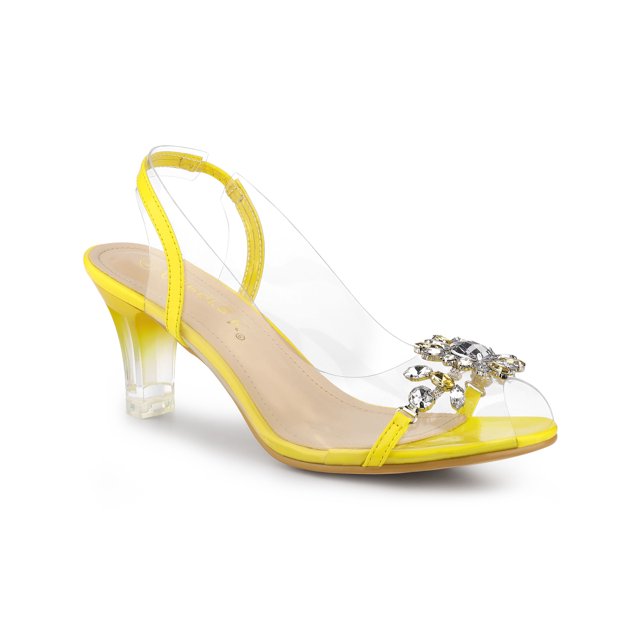 BLISSFUL STEP Women's Flower Rhinestone Slingback Clear Mid Heel Slip On Sandals Yellow 8