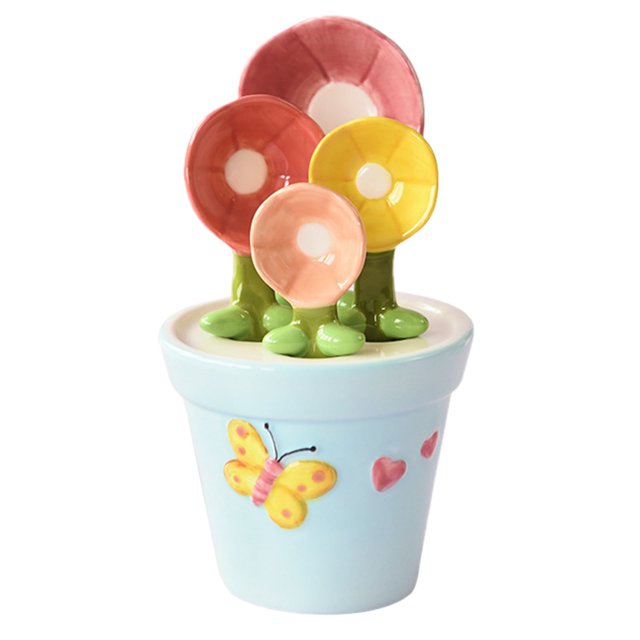 1 Set Flower Measuring Spoons Ceramic Cactus Tool Set In Pot Decorative Floral Pot Measuring Tools And Cup Kit Cute Utensils For Home Blue,Cup In Flower Pot Form round Table Mats for Dining Table