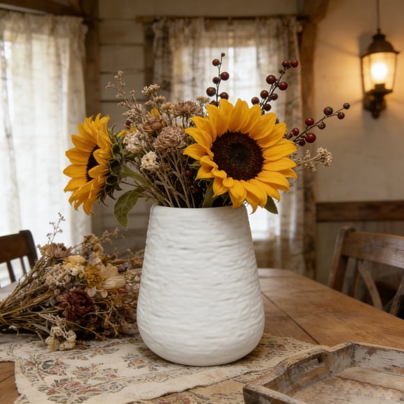 Vase en Plastique pour Fleurs Séchées de la Pampa - Centre de Table Rond Moderne pour Table à Manger, Bureau, Étagère de Bureau, Déco Maison - 9,8 Pouces Blanc Léger