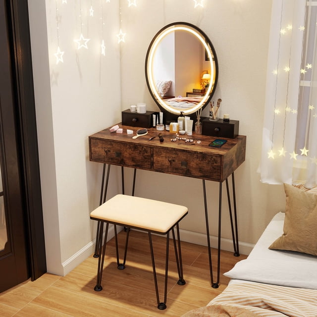 Costway Industrial Vanity Makeup Dressing Table Padded Stool Set with a natural wood finish and black steel legs. Features a round mirror with adjustable 3-color LED lighting, a wide tabletop, two storage cases, and two large drawers for cosmetics and jewelry. Includes a padded stool for comfort and a USB charging port for added convenience. Suitable for bedrooms and dressing rooms.