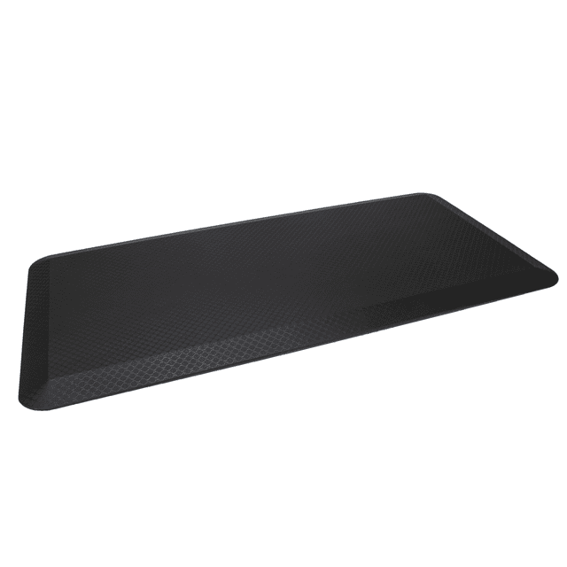 AnthroDesk Premium Anti-Fatigue Mat for Sit Stand Desks in regular size, designed with a black, non-slanted surface and a comfort-foam core for ergonomic support and maximum cushioning. Perfect for use with standing desks.
