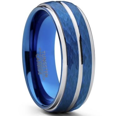 Bague de Mariage pour Homme en Tungstène Martelé Brossé Bicolore Bleu, Anneau Ajustement Confortable 8 mm Taille 8