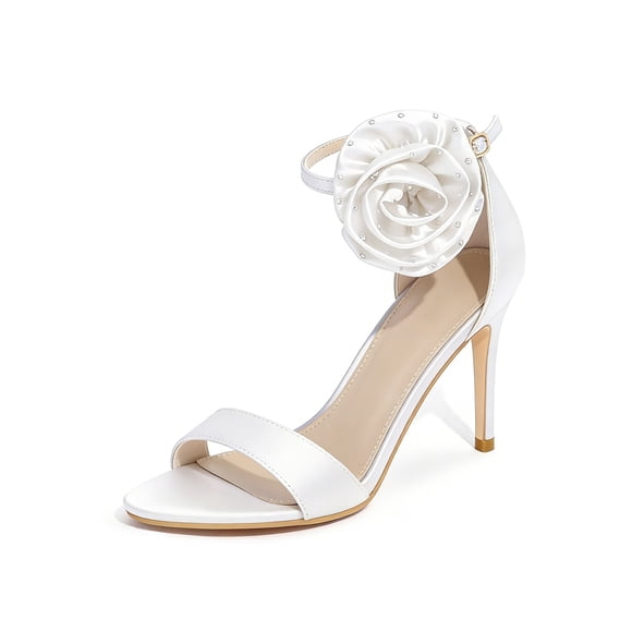 BLISSFUL STEP Flower Satin Stiletto Heels Ankle Strap High Heel Sandals for Women White (Size 11)