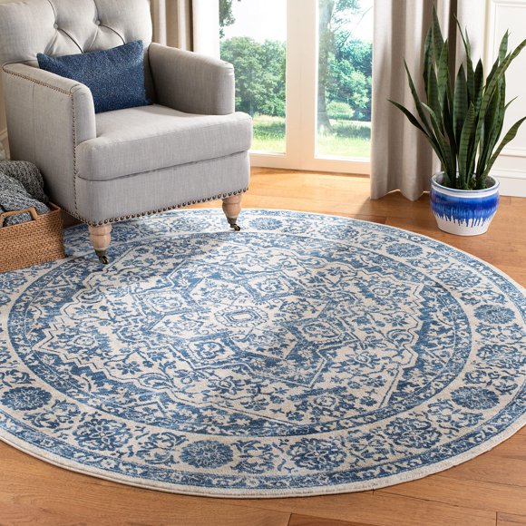 SAFAVIEH Brentwood Collection 5' Round Navy / Light Grey BNT832M Medallion Distressed Non-Shedding Dining Room Entryway Foyer Liv