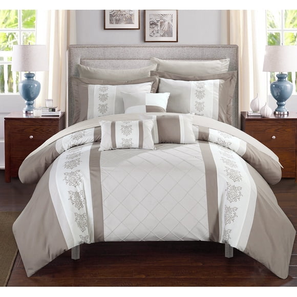 Chic Home Draps Clayton - Couette Alternative au Duvet à Blocs de Couleur avec Taies, 3 Coussins Décoratifs et Literie, Format Grand Lit et Très Grand Lit, Lit Simple - Ensemble de 8 Pcs, Beige