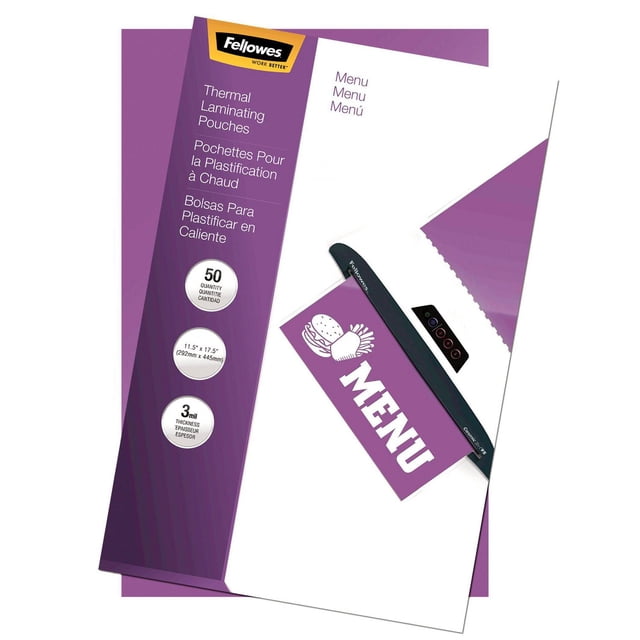 Fellowes® Glossy Pouches - Menu, 3 mil, 50 pack packaging in purple and white, featuring thermal laminating pouches sized 11.5 by 17.5 inches (292mm x 445mm) with 3 mil thickness, shown with a laminator sealing a purple menu card with burger and fries icons, suitable for document protection and menu preservation.