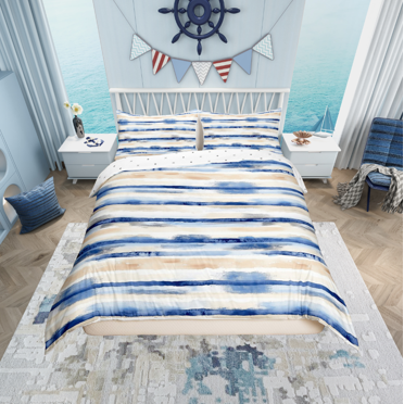 Erosebridal Housse de Couette à Rayures Aquarelle, Ensembles de Literie Peinture à l'Huile Bleu Beige, Réversible 2 Pcs (Sans Couette)