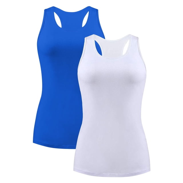 Charmo Women's Camisole Stretch Cotton Racerback Tank Top Shelf Bra Undershirt Cami, featuring a set of two camisoles in blue and white. Made from 95% cotton and 5% spandex, these camisoles offer a racerback design with wide straps to prevent slipping, a built-in shelf bra for support, and a scoop neckline for a modest look. The seamless construction ensures a smooth appearance under clothing. Suitable for layering or wearing alone.
