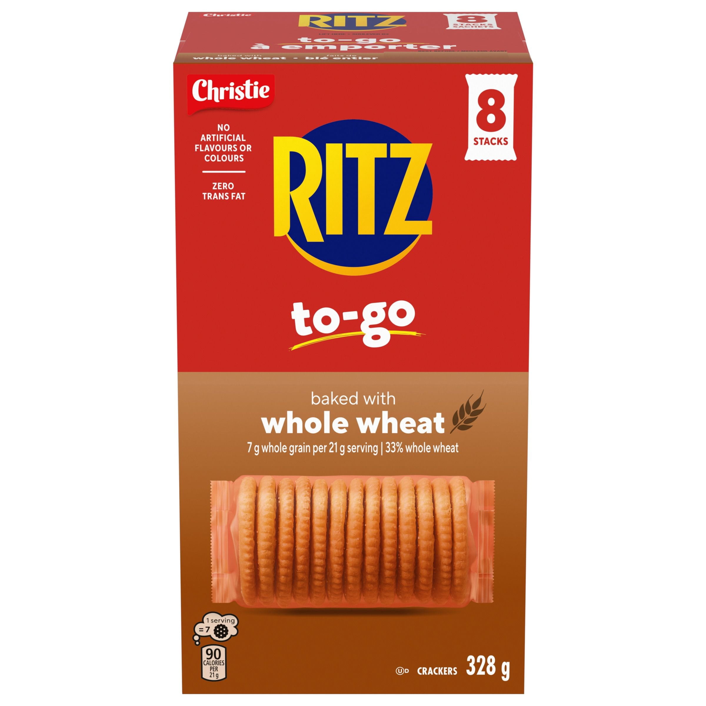 RITZ à Emporter Craquelins Faits de Blé Entier, Lot de 8 Piles de Craquelins Emballées Individuellement, Format Portatif, Collation Pratique à Emporter, Collation pour la Boîte à Lunch & Collation de Voyage 328g