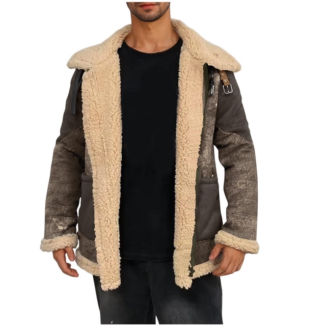 Men's Winter Casual Long Sleeve Zipper Turndown Collar Coat Jacket with Patchwork Style