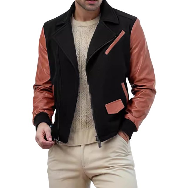 FOCUSNORM Men's Zip Up Patchwork Jacket Woolen Leather Long Sleeve Contrast Color Lapel Neck Casual Coat
