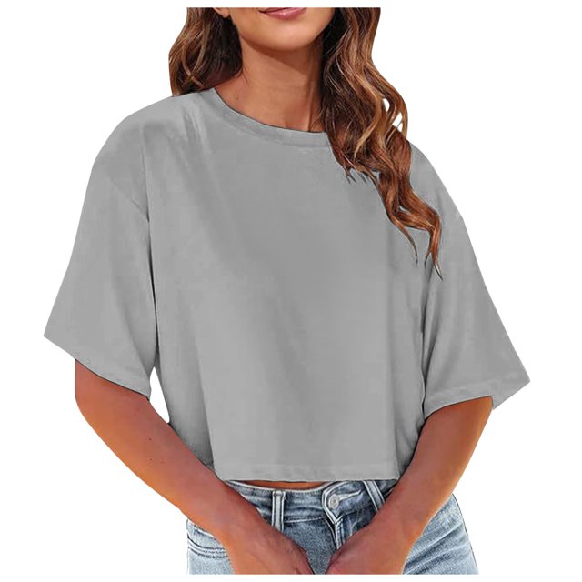 Fgnfyis T-Shirts Courts à Col Rond pour Femmes, Manches Courtes, Épaules Dénudées, Hauts Courts, T-Shirts pour Femmes, Gris, TG