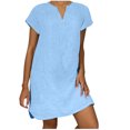 thumbnail image 2 of HKEJIAOI Robe Femme Femme Manches Courtes Col en V Décontractée Chaude Vacances Couleur Unie Mini Robe Droite Économies Liquidation Bleu Clair, 2 of 8