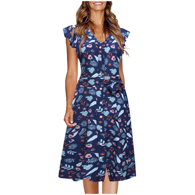 Pisexur Robe à Manches Courtes Col en V Longueur Genou Mode Femmes Robes Été Imprimé Décontracté Col en V Manches Courtes Bouton Vacances Plage Robe Femmes Robe