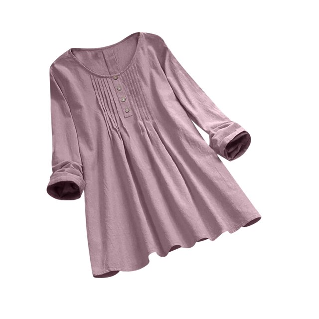 IROINID Discount Ladies Long Sleeve T Shirts Solid Color Button T-shirt Blouse Round Neck Lounge Tops,Pink