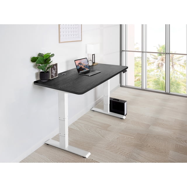 EFFYDESK Business Height Adjustable Home Office Computer Standing Desk with Cable Management Tray (70" × 29") Oak Black on White Frame