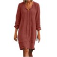 thumbnail image 1 of DPTALR Women's Cotton And Linen V-neck Loose Three Quarter Sleeve Solid Knee-High Dress, 1 of 8