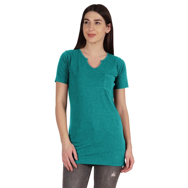 Inkmeso Long Length Notch Neck Top For Women Basic Cotton Tee Shirt w/ Pocket Patch Legging Top