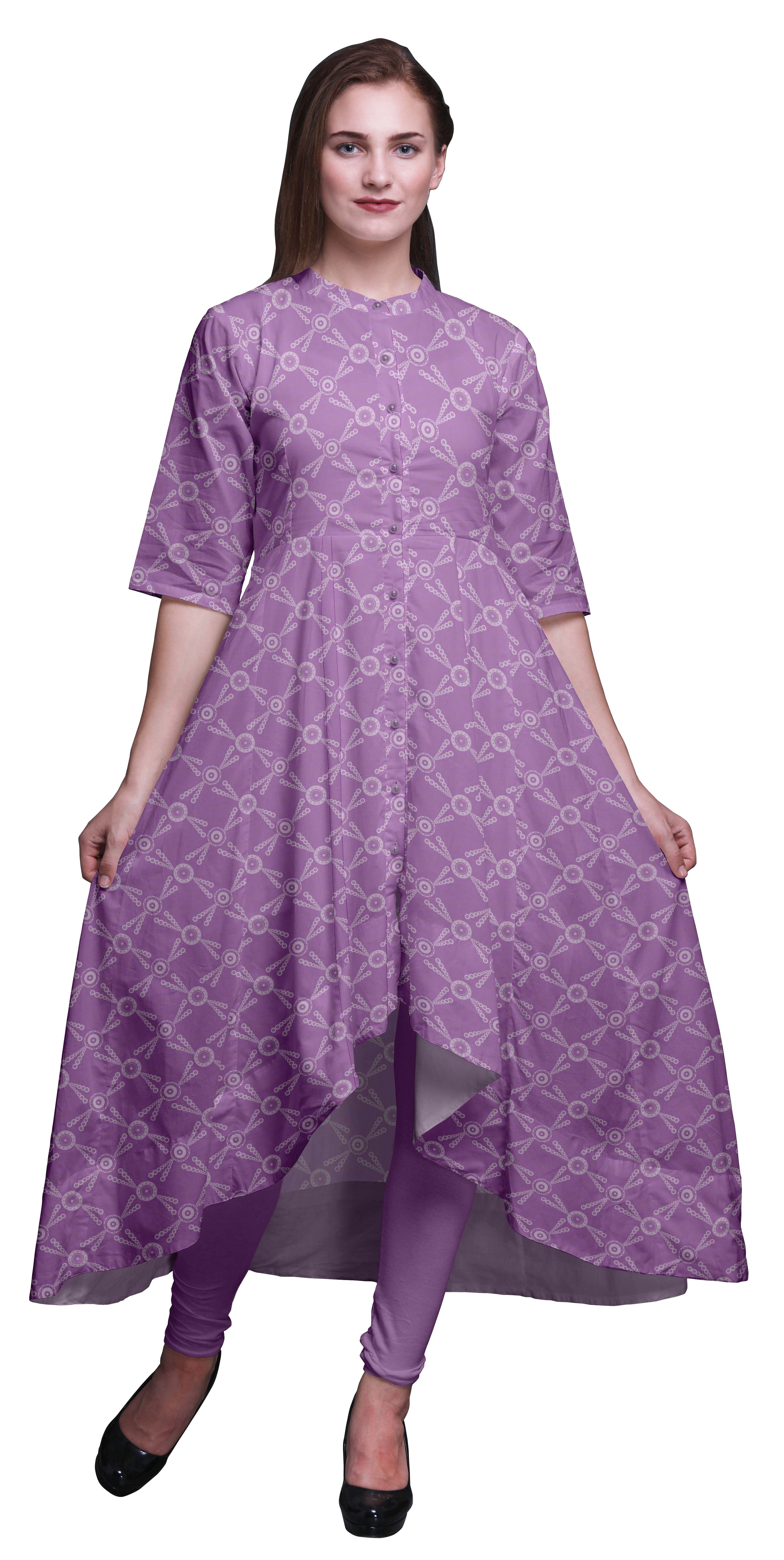 Bimba Robe Anarkali à Pois Violets et Cercles Géométriques Imprimés pour Femmes, Col Mandarin, Kurtis Indiens, Kurta Asymétrique - Moyen