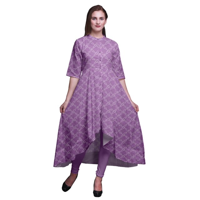 Bimba Robe Anarkali à Pois Violets et Cercles Géométriques Imprimés pour Femmes, Col Mandarin, Kurtis Indiens, Kurta Asymétrique - Moyen