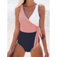 thumbnail image 3 of Maillot de Bain une Pièce pour Femmes, Enveloppant, à Blocs de Couleur, avec Nœud Latéral, Rose Noir, TG, 3 of 6