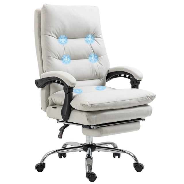 Vinsetto Microfibre Vibration Massage Office Chair in cream white, featuring six vibration massage points with five modes and lumbar heating. The chair includes a 135° reclining angle, a retractable footrest, and a curved backrest with double-tier padding for extra support. Made with breathable microfibre material, it has an adjustable seat height, swivel wheels, and a wired remote control for massage settings. Dimensions are 25.6 inches wide by 28.3 inches deep by 42.9-46.1 inches high, with a weight capacity of 264 lbs.