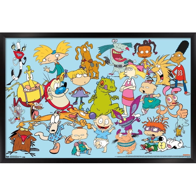 Affiche Murale de Personnages Nickelodeon, 14,725 Po x 22,375 Po Encadrée Présentant une Vue Frontale de Personnages de Dessins Animés Nickelodeon Classiques Incluant Arnold de Hey Arnold!, Rocko, Ren et Stimpy, Tommy, Chuckie, Angelica, CatDog de Rugrats et Autres sur un Fond Bleu Pâle avec un Cadre Noir, art Mural Idéal pour Chambres, Chambres d'Enfants Ou Dortoirs, Convient Aussi à la Décoration de Fête.