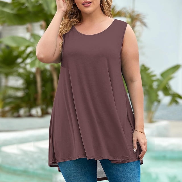 AherBiu Débardeurs d'Été Grande Taille pour Femmes Coupe Ample Col Rond Sans Manches Ourlet Mode Basique T-Shirt