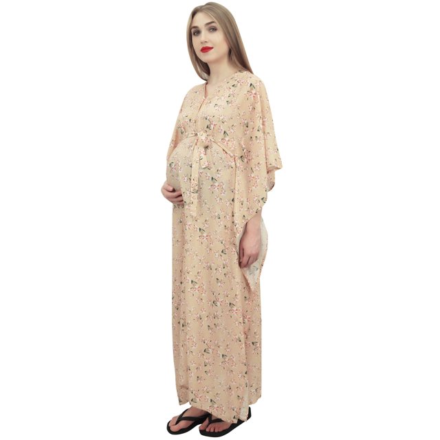 Bimba Robe Maxi Beige à Manches Kimono pour Mamans Imprimé Floral Kaftan de Maternité-14