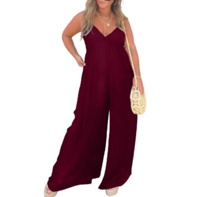 Innerwin Combinaison Longue Col en V Profond Femmes Combinaisons Vacances Sans Manches Décontracté Pantalon Large Rouge Vin 2TG