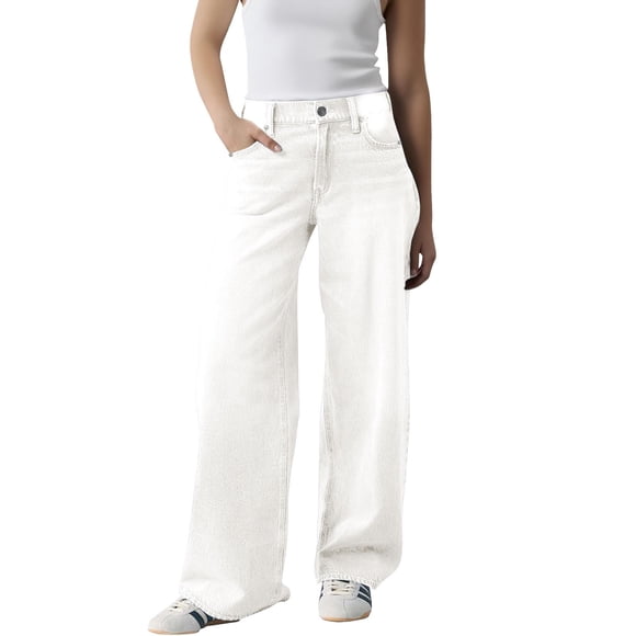 Breezora Jeans à Jambe Grand Coupe Décontractée pour Femmes Pantalon en Denim Extensible Droit Tendance Ample Décontracté Style 2025 Taille TG Blanc