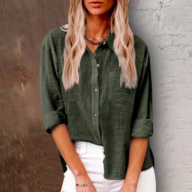 AherBiu Plus Size Women Button down Tops Long Sleeve Lapel Collar Linen Tops Fall Casual Solid Color Cotton Blouses