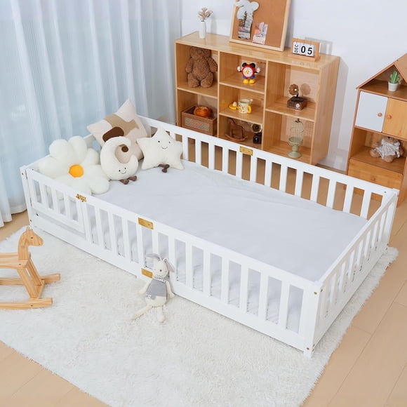 Lilypelle Twin Floor Bed for Kids, Montessori Floor Bed with Guard Rails, Solid Wood Floor Beds Frame for Kids, Boys, Girls