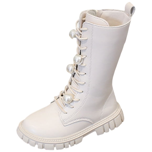Yammkia Kids White Combat Boots Toddler Cowgirl Boots Little Girls Cowboy Western Boot for Kids Mid Calf Square Toe Horse Riding Shoes Size 12.5 (White,Little Kids 12.5)