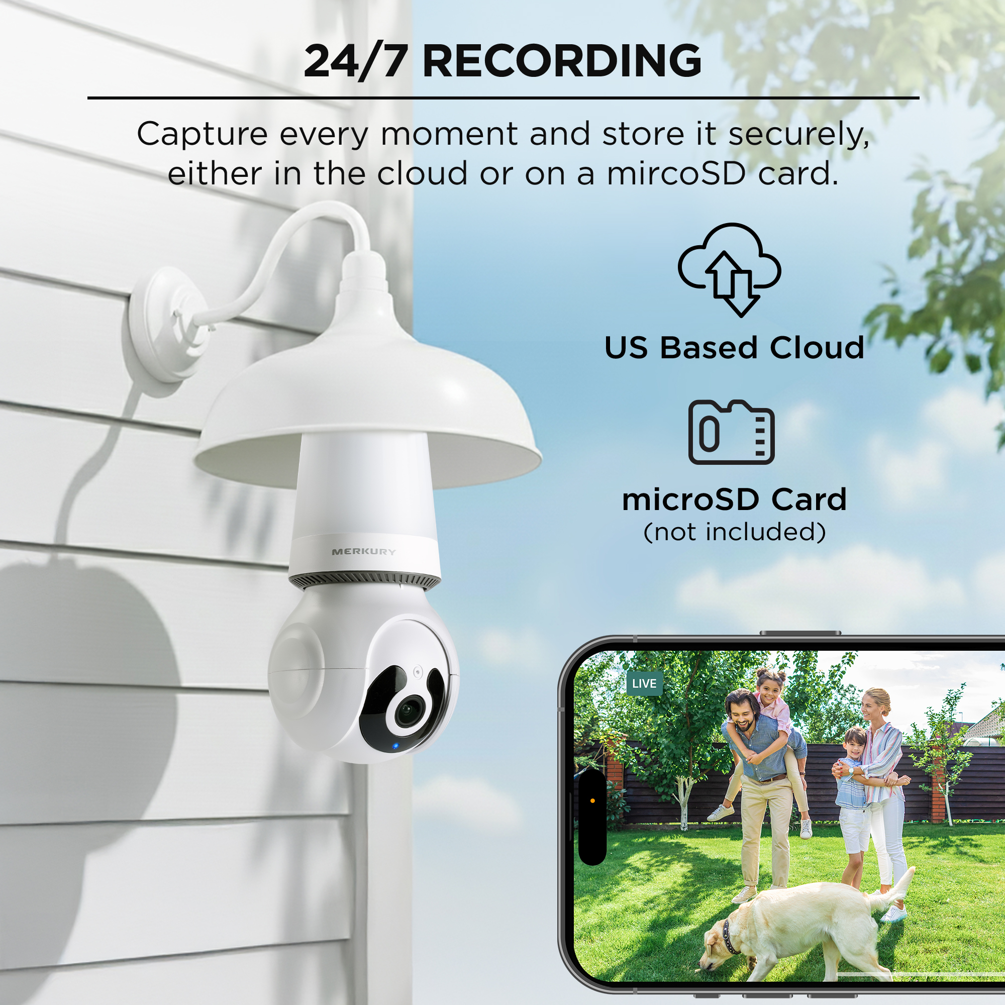 Caméra de sécurité Merkury Smart 2K intégrée à une ampoule, rotation et inclinaison à 360°, vidéo HD 4 MP, vision nocturne, alertes de mouvement