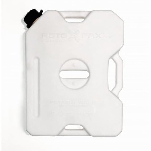 Rotopax Liquid Storage Container RXX-2W in white, 2-gallon capacity, made of durable formulated plastic. Features bolt-on or free-standing design, EPA and CARB compliance, and a spout for dispensing water. GEN 2 model without twisting bottom, designed for leak-proof water storage with a sure seal gasket. Suitable for specialty automotive parts applications. Mounting kit sold separately.