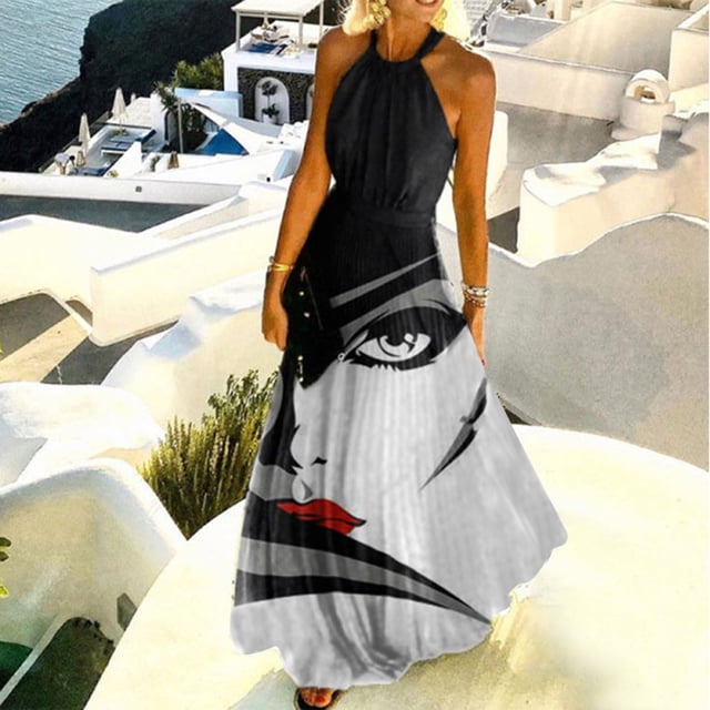 SMihono Robe Maxi Bohème d'Été pour Femmes Grande Taille Mode Décontractée d'Été Sans Manches à Col Rond Robe Imprimée à Col Licou à Fermeture Éclair Robe pour Femme Longue Plissée Robes Plage Évasée Robe d'Été