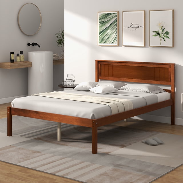 Costway Lit Plateforme en Bois Format Grand avec Tête de Lit, Base de Matelas en Fini Noyer. le Lit Présente un Cadre en Bois Massif Robuste avec Lattes en Contreplaqué pour un Soutien Fiable, une Tête de Lit de Style Rétro et un Espace de Rangement de 12 Pouces sous le Lit. Présenté dans un Décor de Chambre Moderne au Style Neutre.